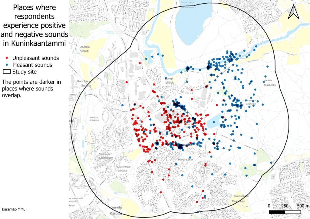 The map shows places where respondents experience pleasant (blue) and unpleasant (red) sounds in Kuninkaantammi